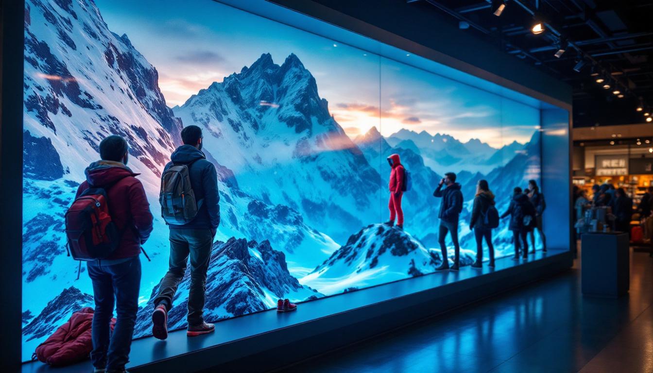 A photograph of capture a photograph of a vibrant led display showcasing outdoor gear and apparel at a rei store in oregon