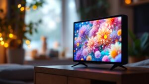 A photograph of a close-up shot of a mini lcd tv displaying vibrant colors and sharp images