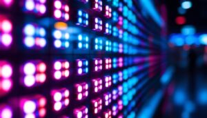 A photograph of a vibrant 10x10 square grid led display in action