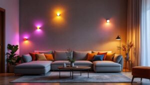 A photograph of a stylish living room featuring smart led wall lights in various colors and patterns