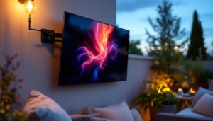 A photograph of a sleek outdoor tv mounted on a stylish bracket