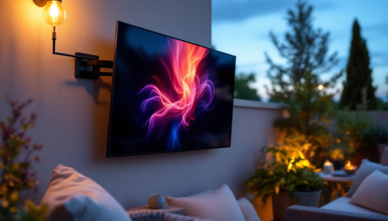 A photograph of a sleek outdoor tv mounted on a stylish bracket