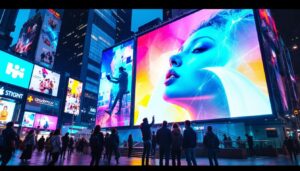 A photograph of a vibrant led display in a dynamic urban setting