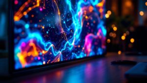 A photograph of a vibrant led display showcasing dynamic visuals