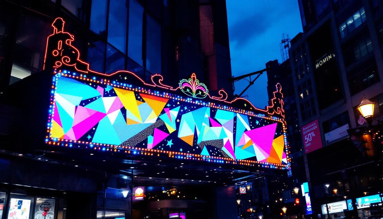 A photograph of a vibrant led marquee display in an urban setting at dusk