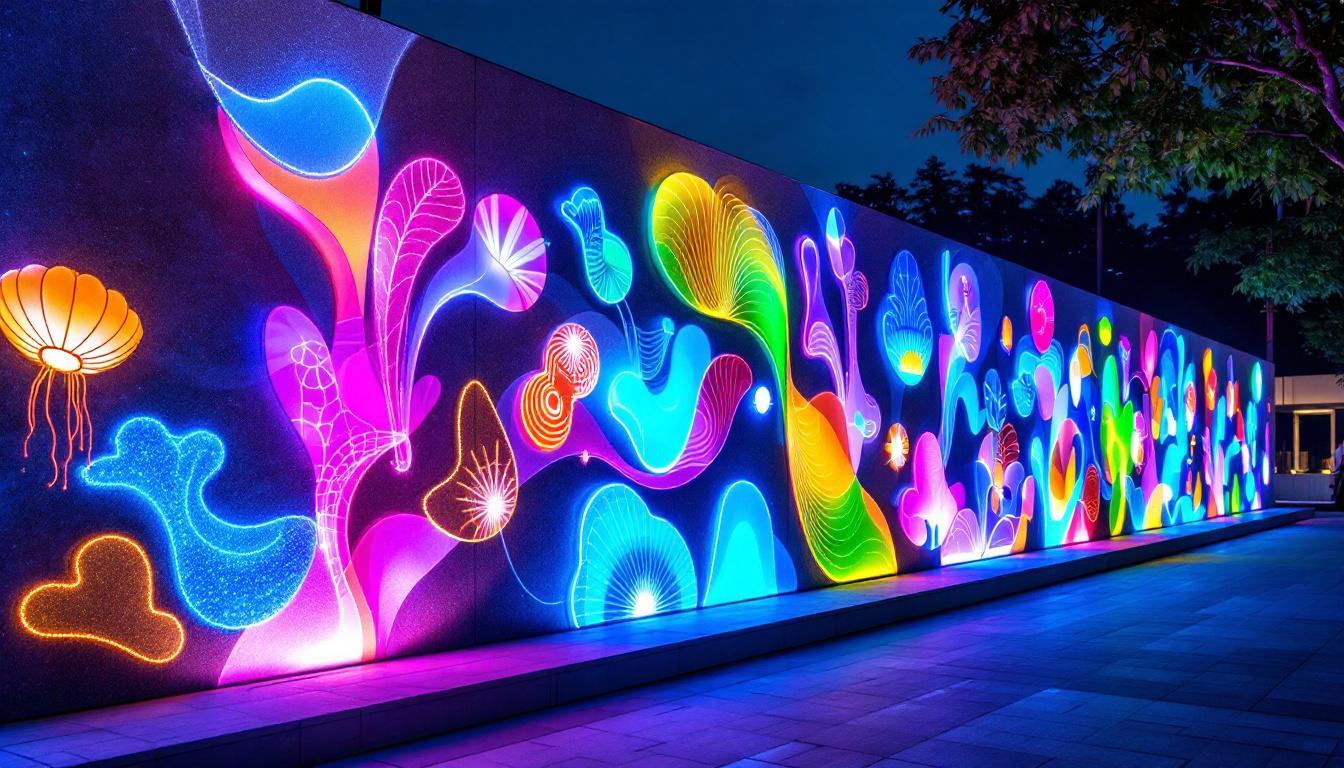 A photograph of a beautifully illuminated outdoor wall featuring vibrant led art installations