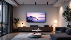 A photograph of a modern living room featuring a sleek ceiling-mounted led tv