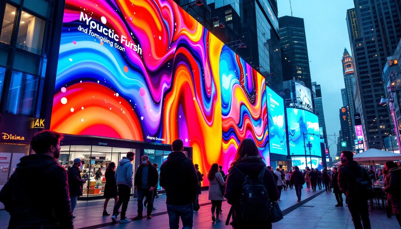 A photograph of a vibrant led display in a bustling urban setting