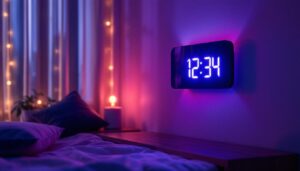 A photograph of capture a photograph of a sleek led projection clock displaying the time on a wall or ceiling