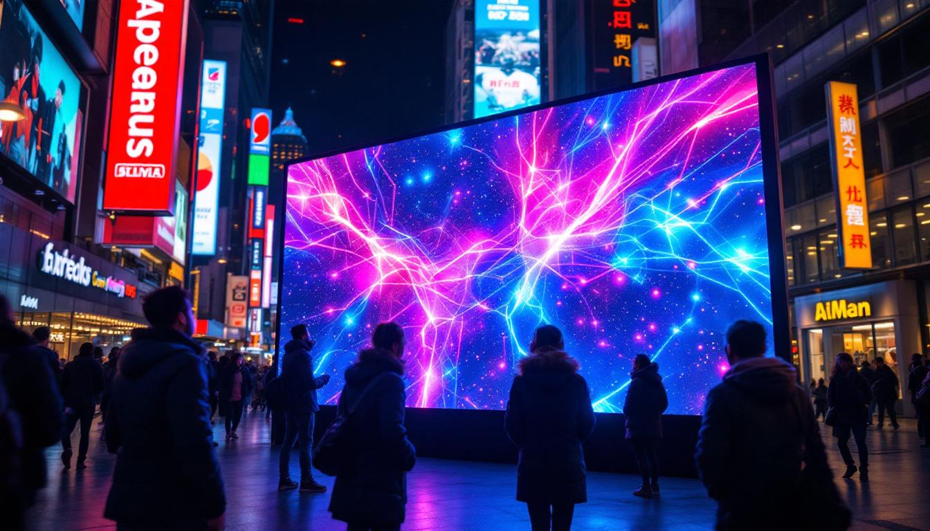 A photograph of a vibrant led display in a bustling urban environment