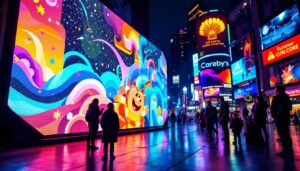 A photograph of a vibrant led display in a dynamic urban setting