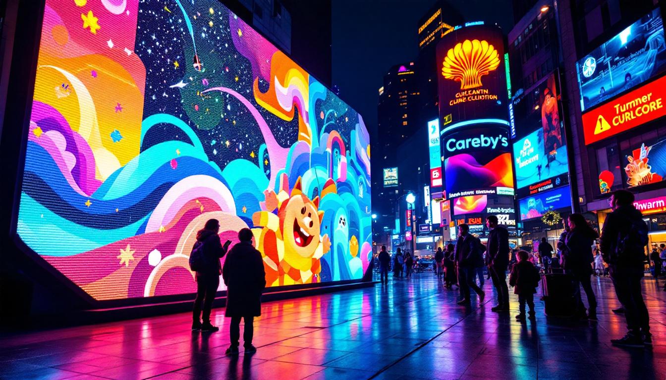 A photograph of a vibrant led display in a dynamic urban setting