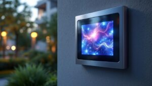 A photograph of an outdoor access panel featuring a vibrant led display