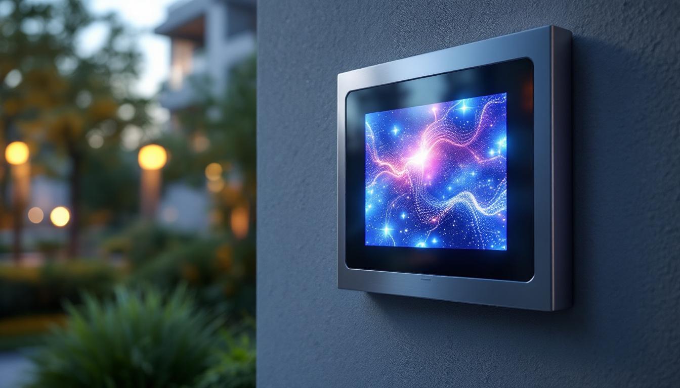 A photograph of an outdoor access panel featuring a vibrant led display