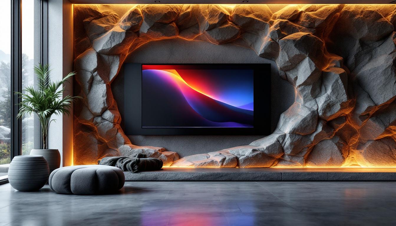 A photograph of a modern interior space featuring a striking rock wall integrated with an led display