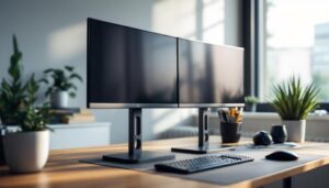 A photograph of a sleek dual monitor stand in a modern workspace