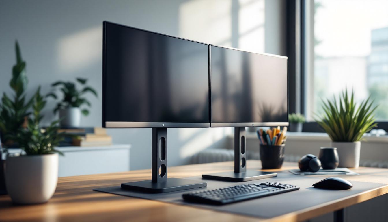 A photograph of a sleek dual monitor stand in a modern workspace
