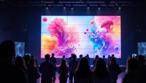A photograph of capture a photograph of a vibrant 110 video wall in an engaging environment