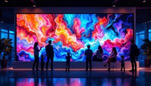A photograph of a modern led display cabinet showcasing vibrant visuals in a well-lit environment