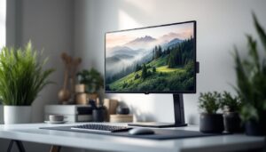 A photograph of a sleek 32-inch led monitor mounted on a wall using a vesa mount