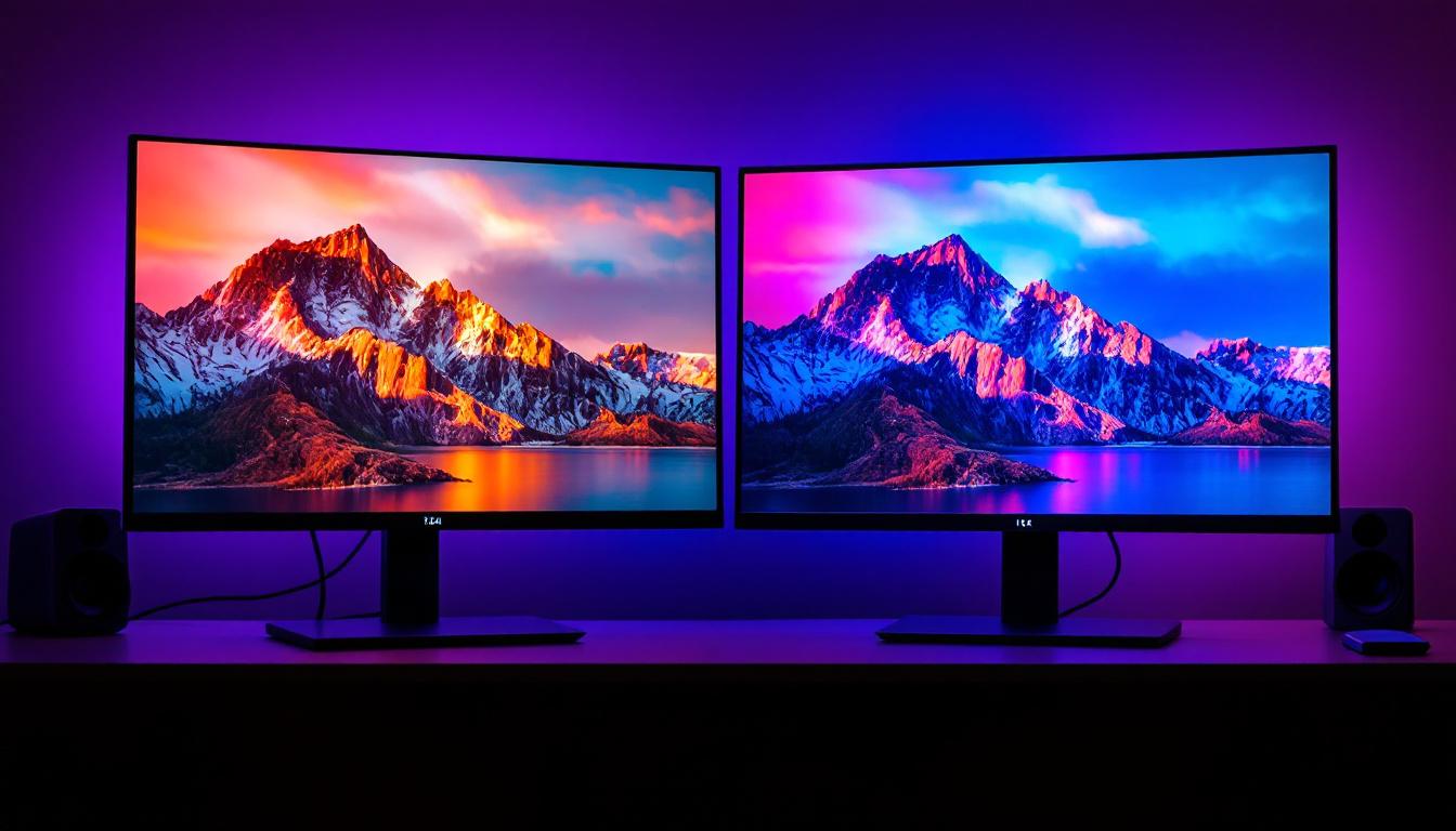 A photograph of a side-by-side comparison of two monitors displaying vibrant images
