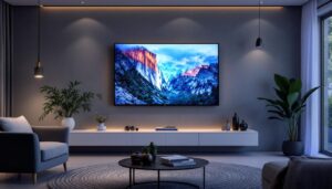 A photograph of a stylish living room featuring a modern led tv mounted on a well-designed wall