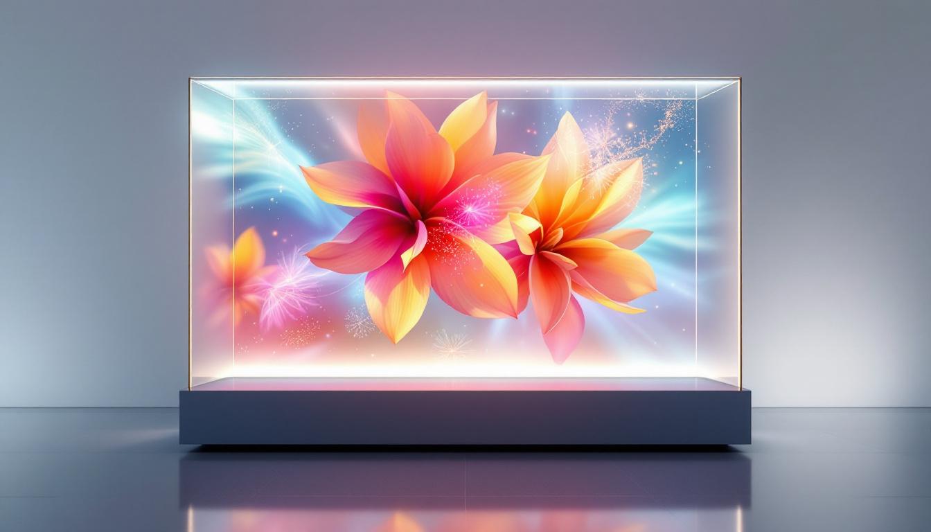A photograph of a sleek transparent led display screen in a modern setting