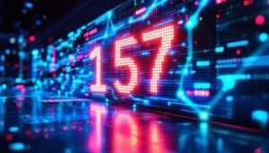 A photograph of a vibrant led display showcasing dynamic visuals or numerical representations of the fine structure constant (137)