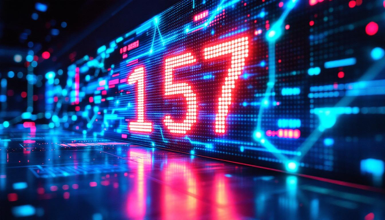 A photograph of a vibrant led display showcasing dynamic visuals or numerical representations of the fine structure constant (137)