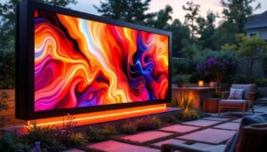 A photograph of a modern outdoor privacy screen featuring an led display