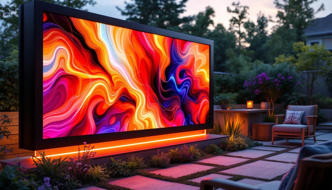 A photograph of a modern outdoor privacy screen featuring an led display