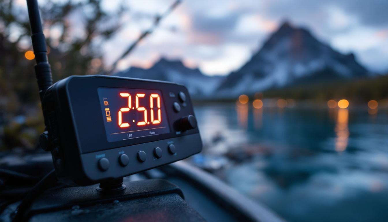 A photograph of a close-up shot of an in-line planer board equipped with a bright led display
