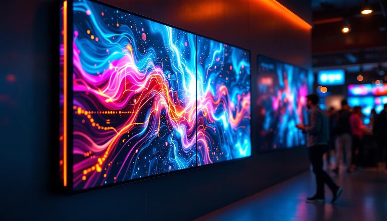 A photograph of a modern wall screen panel displaying vibrant led visuals in a dynamic environment