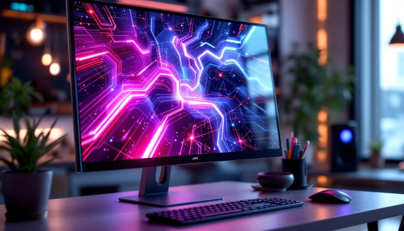 A photograph of a sleek pedestal monitor displaying vibrant led graphics in a modern workspace setting