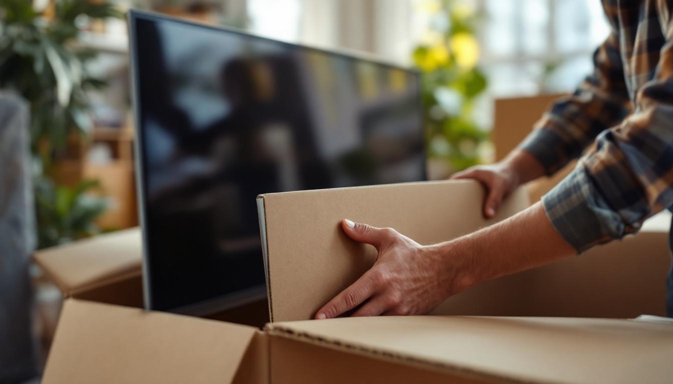A photograph of a person carefully packing a flat screen tv into a protective box