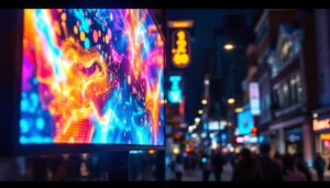 A photograph of a vibrant led display in a bustling hillsboro