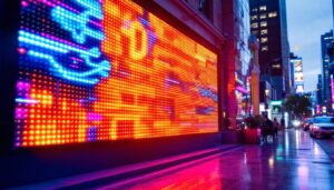 A photograph of capture a photograph of a vibrant led display in an urban setting