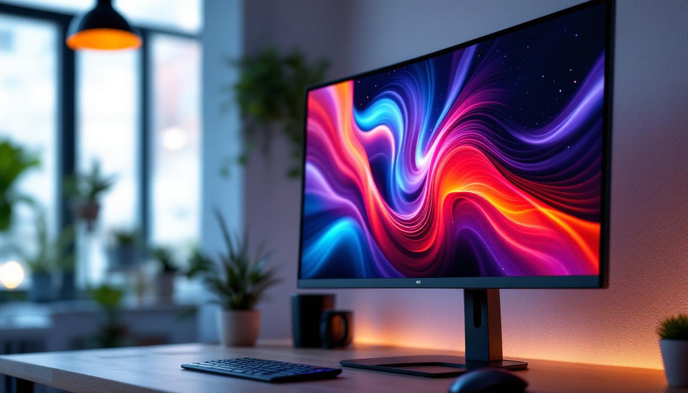 A photograph of a sleek led monitor displaying vibrant colors and sharp images