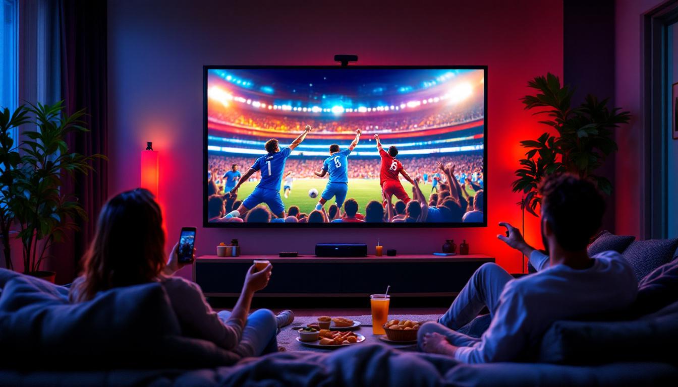 A photograph of a vibrant living room setup featuring a large led projector displaying a thrilling sports event
