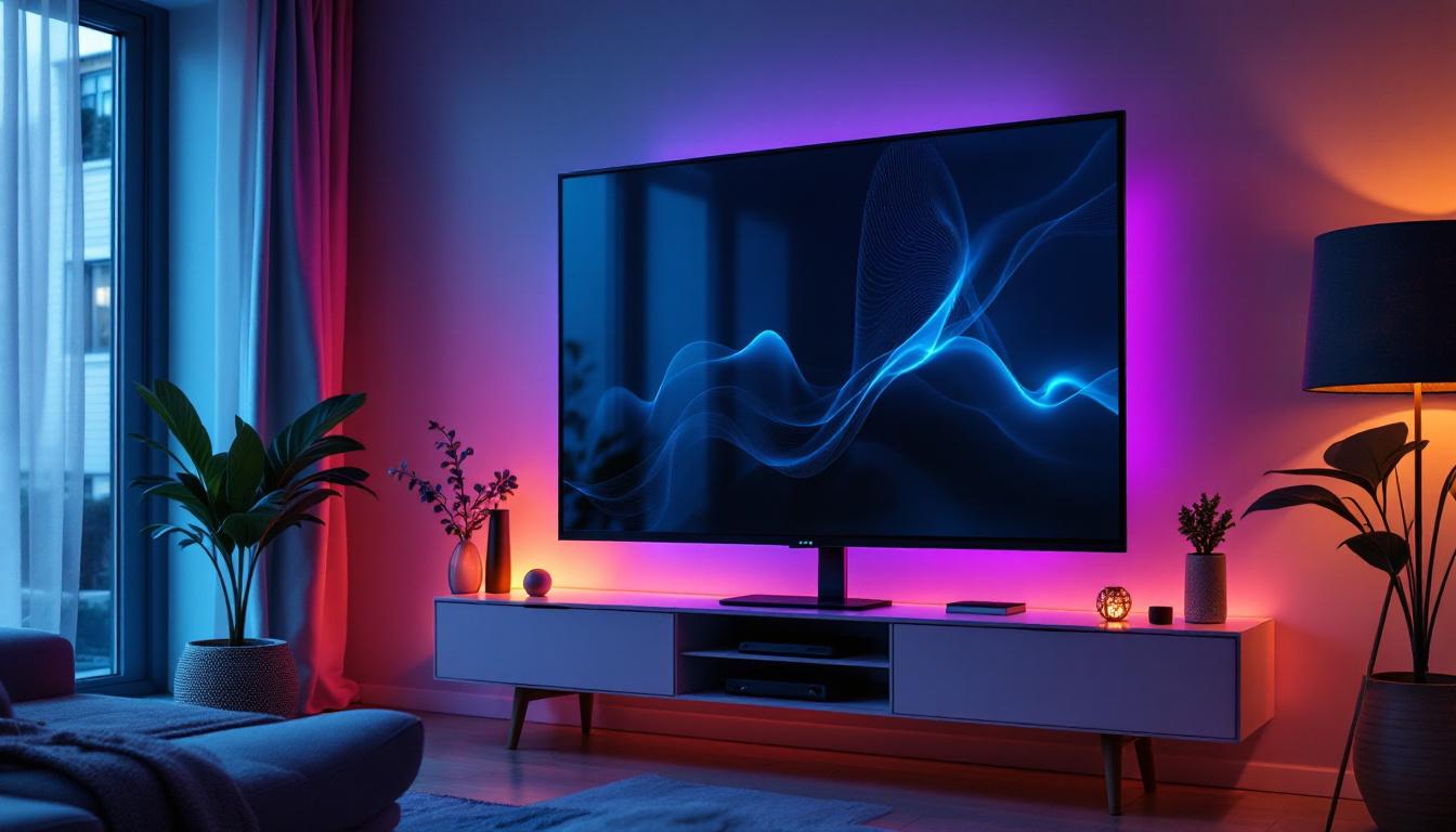 A photograph of a modern living room featuring a sleek tv with a privacy screen in use
