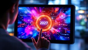 A photograph of a sleek logo touch screen with an led display in a modern setting