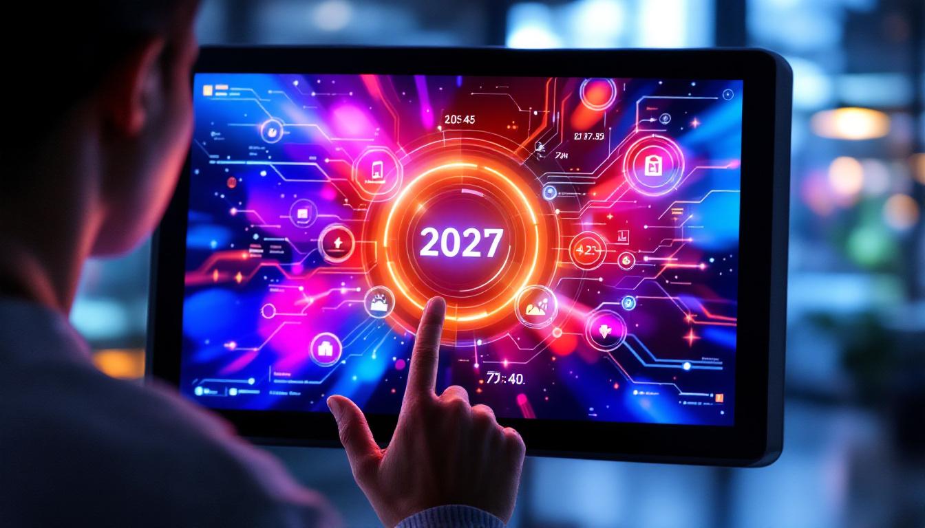 A photograph of a sleek logo touch screen with an led display in a modern setting