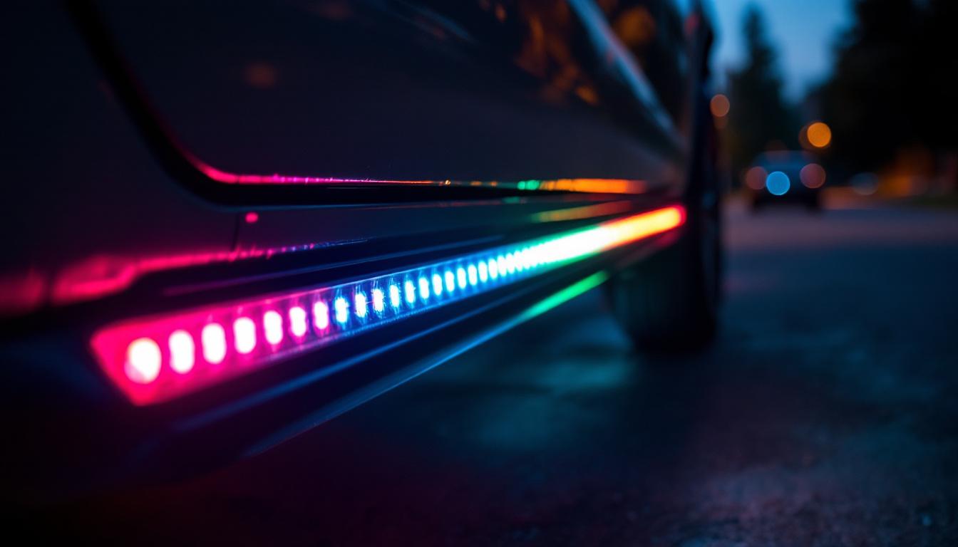 A photograph of capture a photograph of a close-up view of illuminated led running board lights on a vehicle