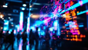 A photograph of a close-up shot of a vibrant led display in a dynamic environment