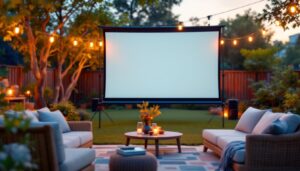 A photograph of capture a photograph of a vibrant outdoor setup featuring a projector screen stand displaying a clear led image