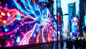 A photograph of a vibrant led display in a busy urban setting