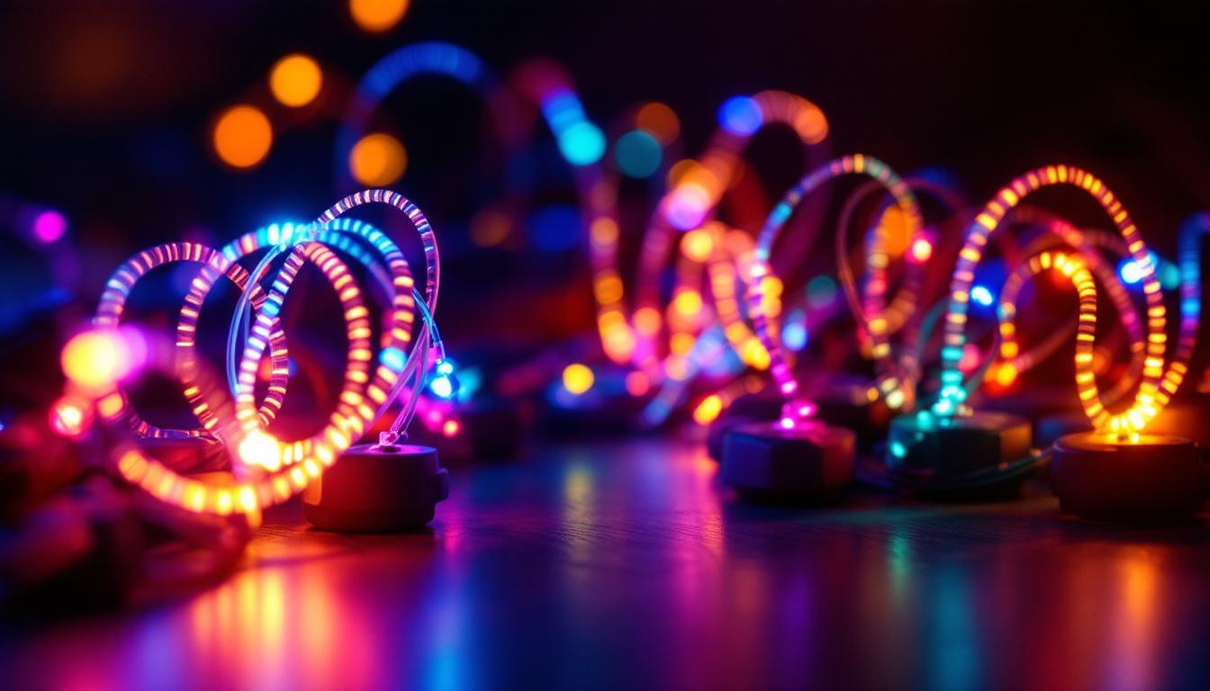 A photograph of capture a photograph of a beautifully arranged fiber optic lighting kit in a dimly lit setting