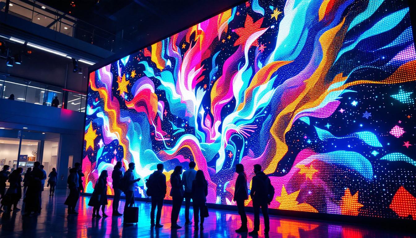 A photograph of a vibrant led display in a dynamic setting