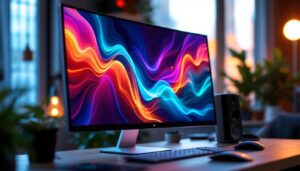 A photograph of a modern lcd monitor displaying vibrant colors and sharp images