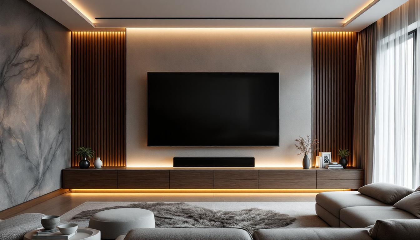 A photograph of a stylish living room featuring a modern tv wall panel with an integrated led display